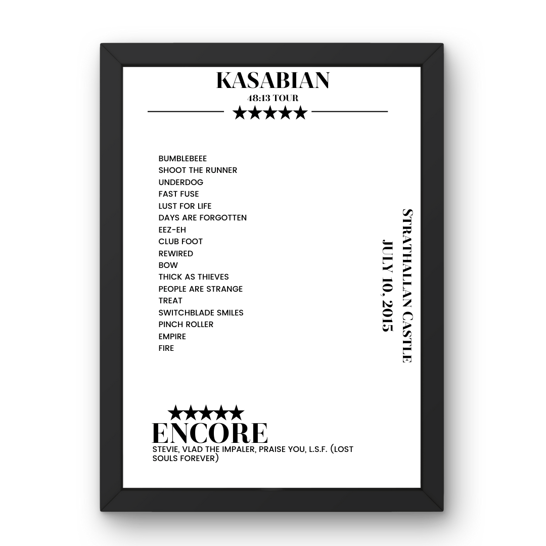 Kasabian Strathallan Castle Auchterarder 10 July 2015 Setlist Poster - Setlist