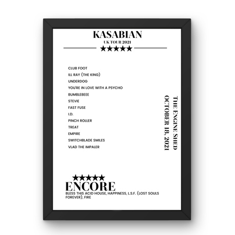 Kasabian The Engine Shed Lincoln 18 October 2021 Setlist Poster - Setlist