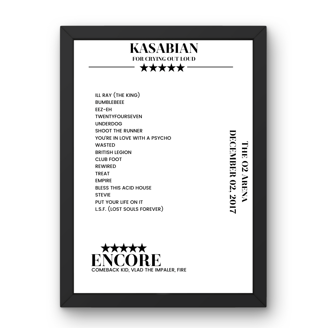 Kasabian The O2 Arena London 02 December 2017 Setlist Poster - Setlist