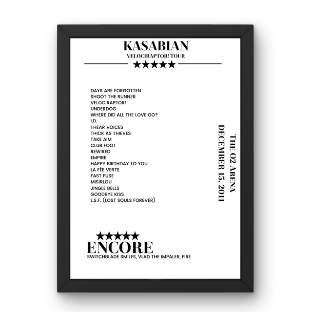 Kasabian The O2 Arena London 15 December 2011 Setlist Poster - Setlist