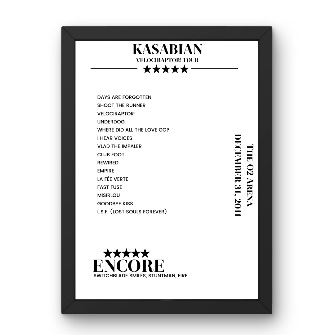 Kasabian The O2 Arena London 31 December 2011 Setlist Poster - Setlist