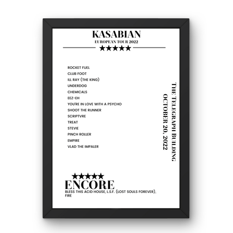 Kasabian The Telegraph Building Belfast 20 October 2022 Setlist Poster - Setlist