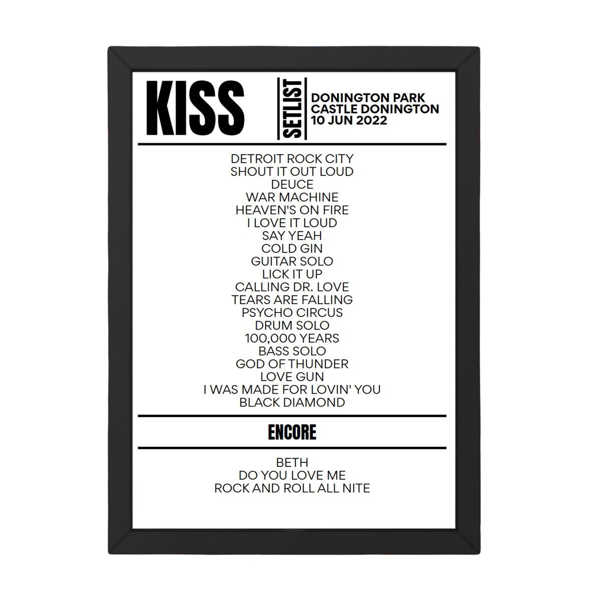 KISS Download Festival 2022 Replica Setlist - Setlist