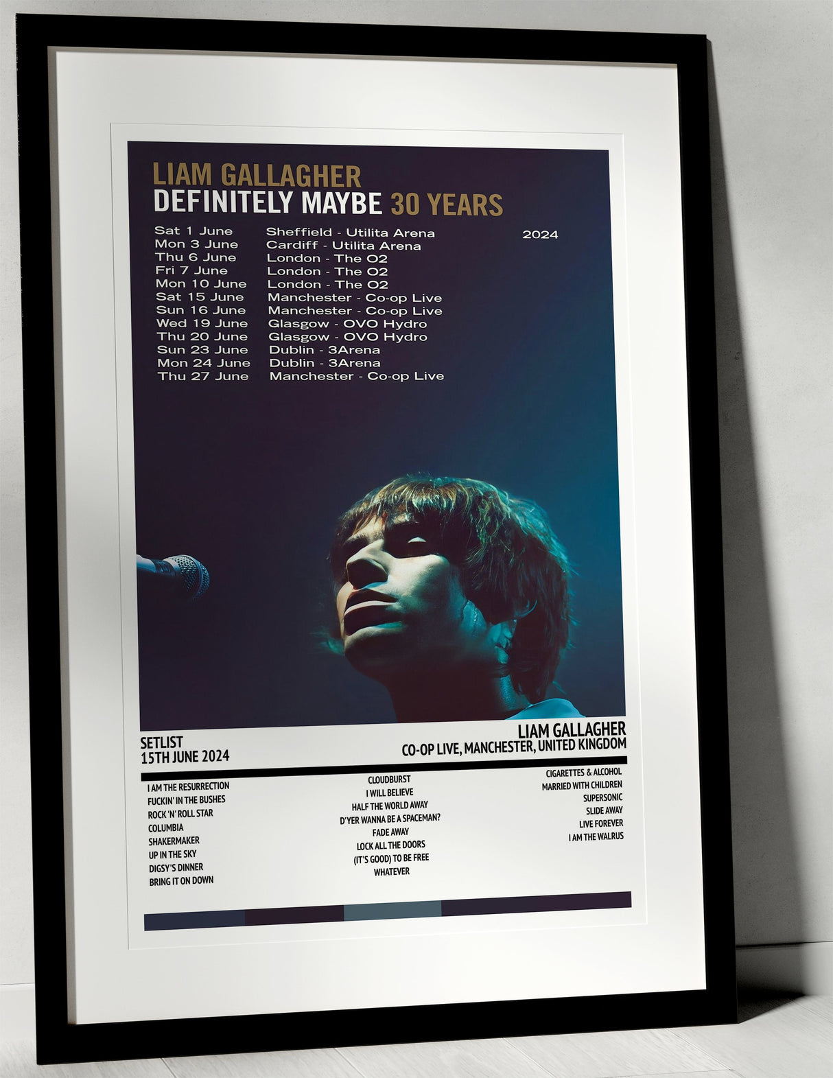 Liam Gallagher Definitely Maybe 30th Anniversary Tour Co - op Live Manchester 15th June 2024 - Setlist Tour Poster - Setlist