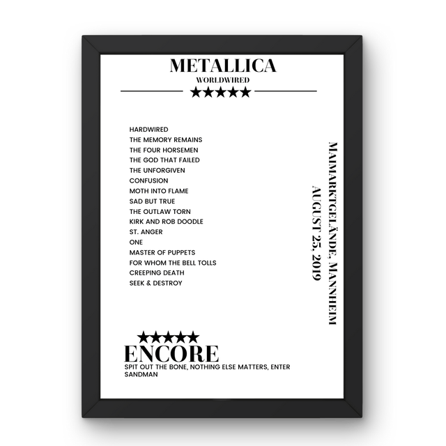 Metallica August 25, 2019 Maimarktgelände Mannheim Setlist Poster - Setlist