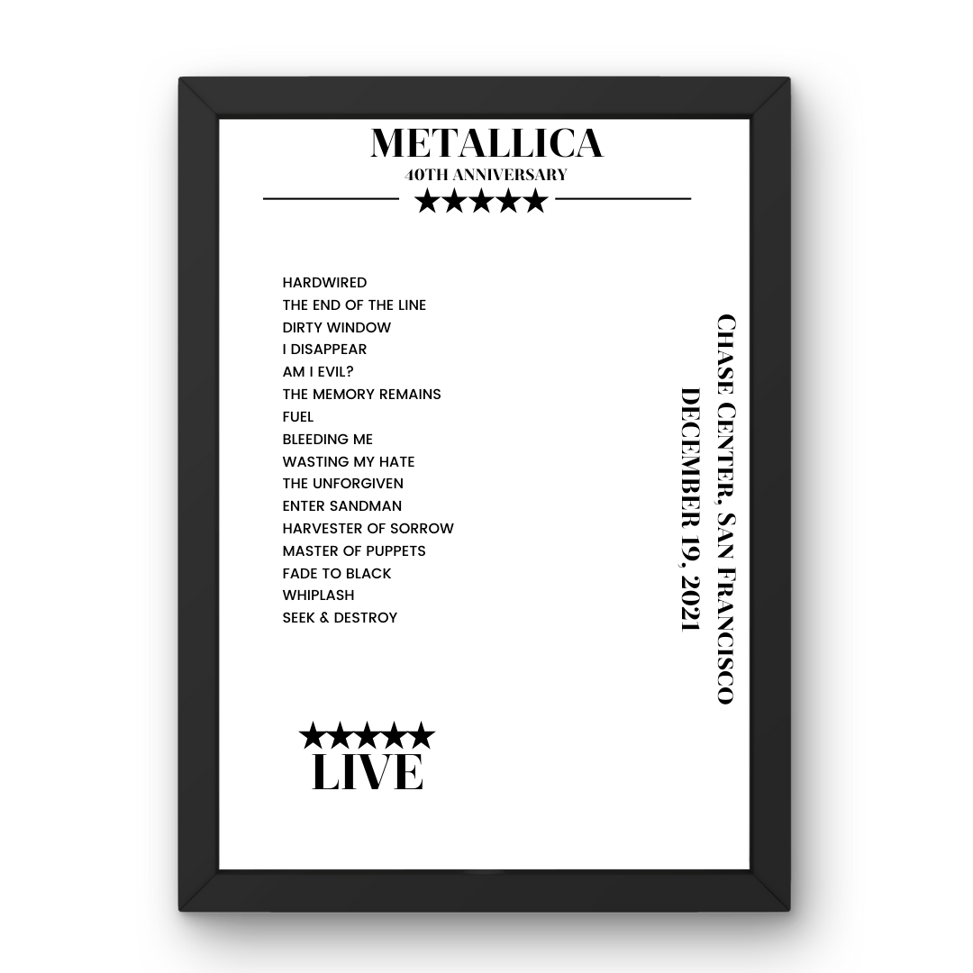 Metallica December 19, 2021 Chase Center San Francisco Setlist Poster - Setlist