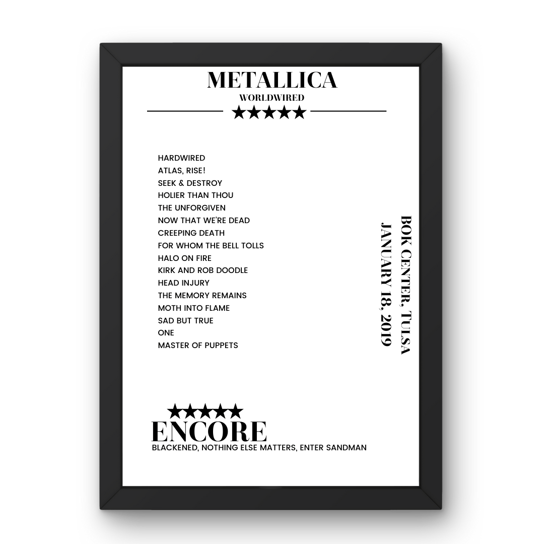 Metallica January 18, 2019 BOK Center Tulsa Setlist Poster - Setlist