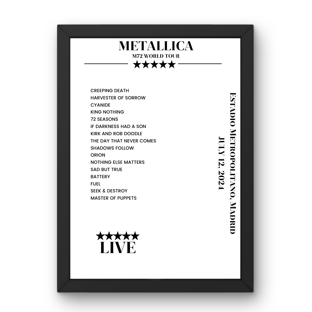 Metallica July 12, 2024 Estadio Metropolitano Madrid Setlist Poster - Setlist