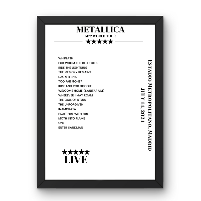 Metallica July 14, 2024 Estadio Metropolitano Madrid Setlist Poster - Setlist