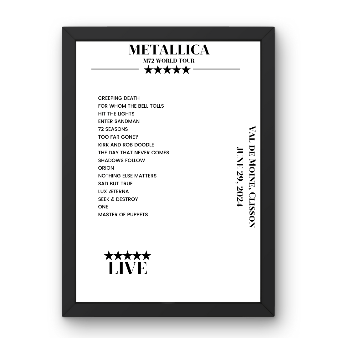 Metallica June 29, 2024 Val de Moine Clisson Setlist Poster - Setlist