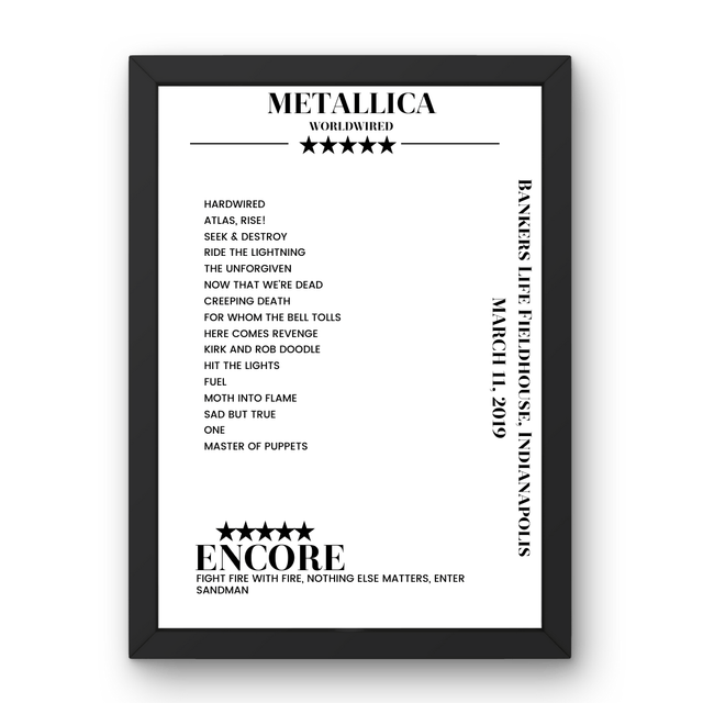 Metallica March 11, 2019 Bankers Life Fieldhouse Indianapolis Setlist Poster - Setlist