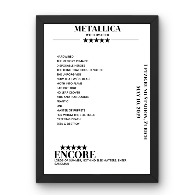 Metallica May 10, 2019 Letzigrund Stadion Zurich Setlist Poster - Setlist