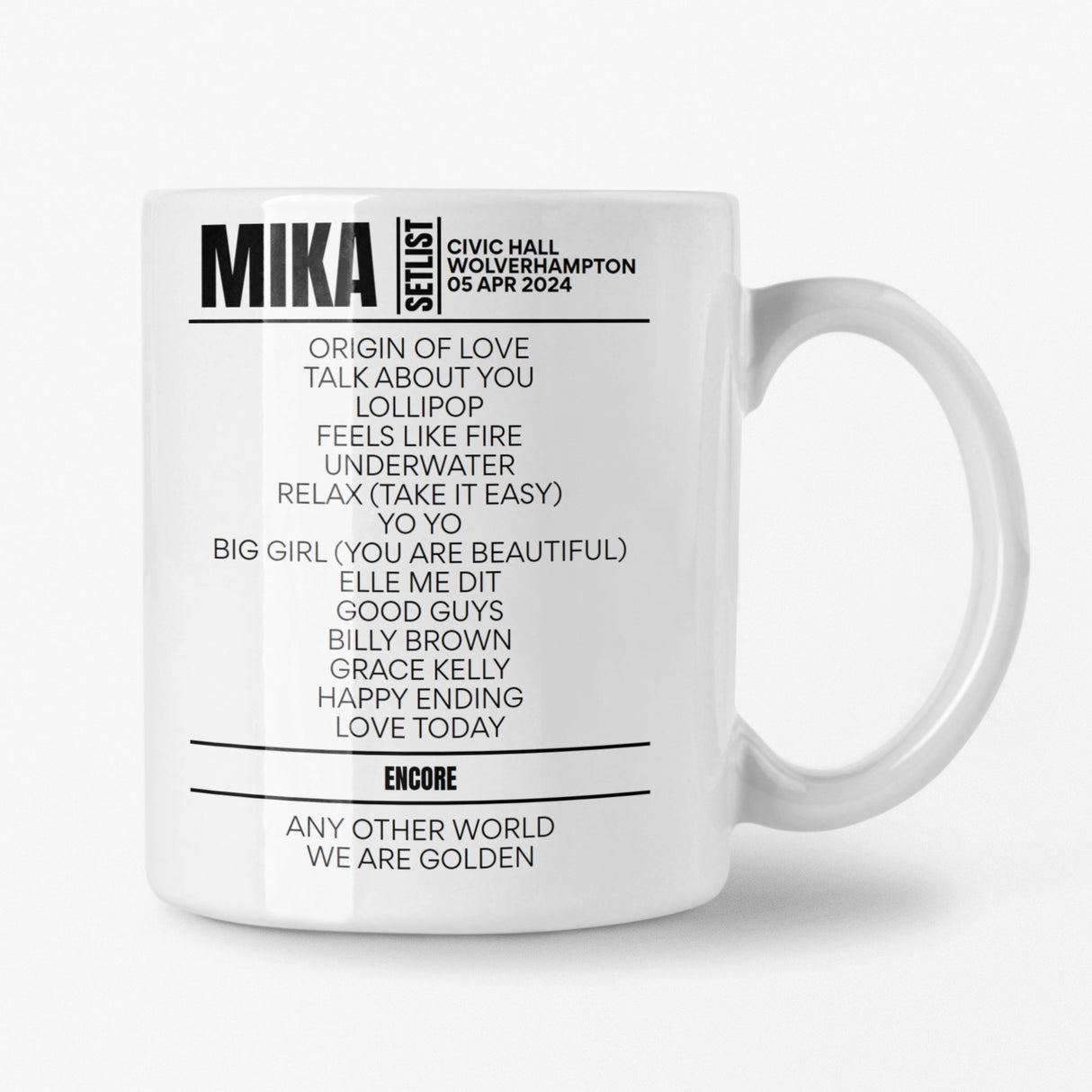 MIKA Wolverhampton April 2024 Setlist Mug - Setlist