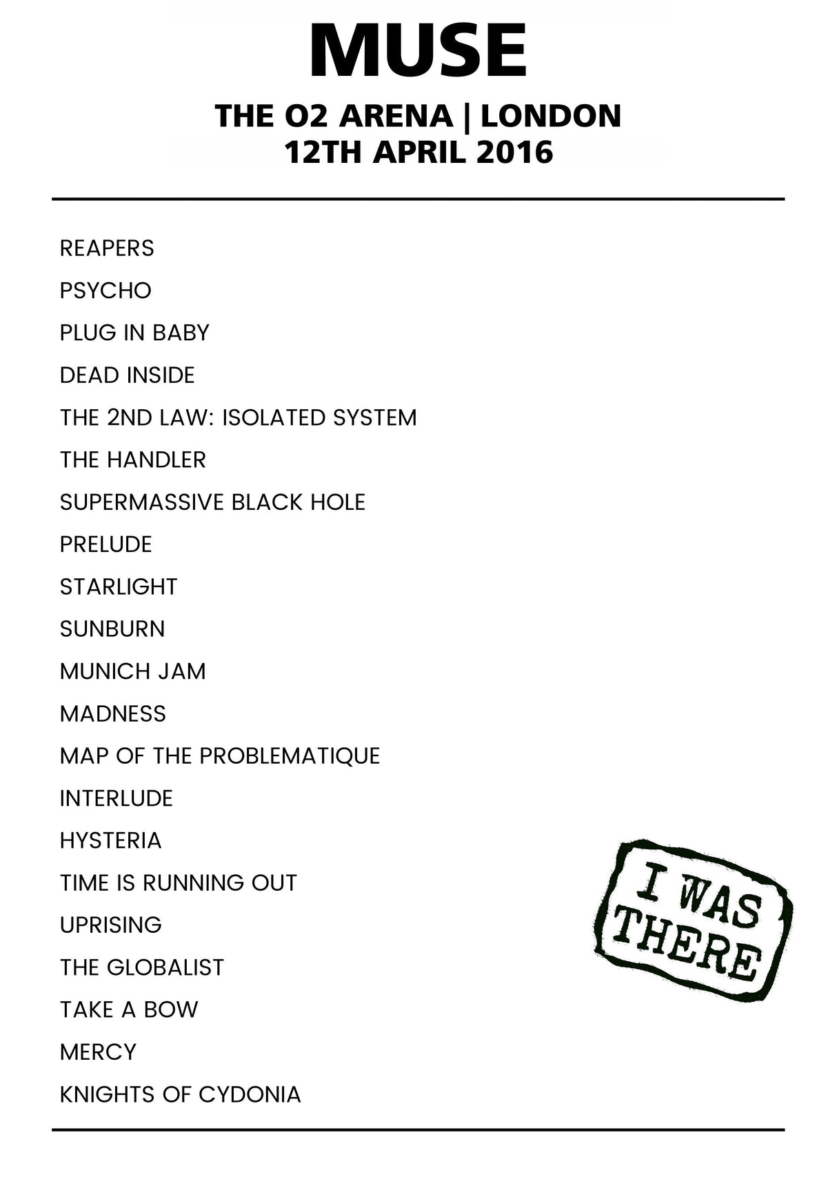 Muse 12th April 2016 The O2 Arena London - Alternate - Setlist