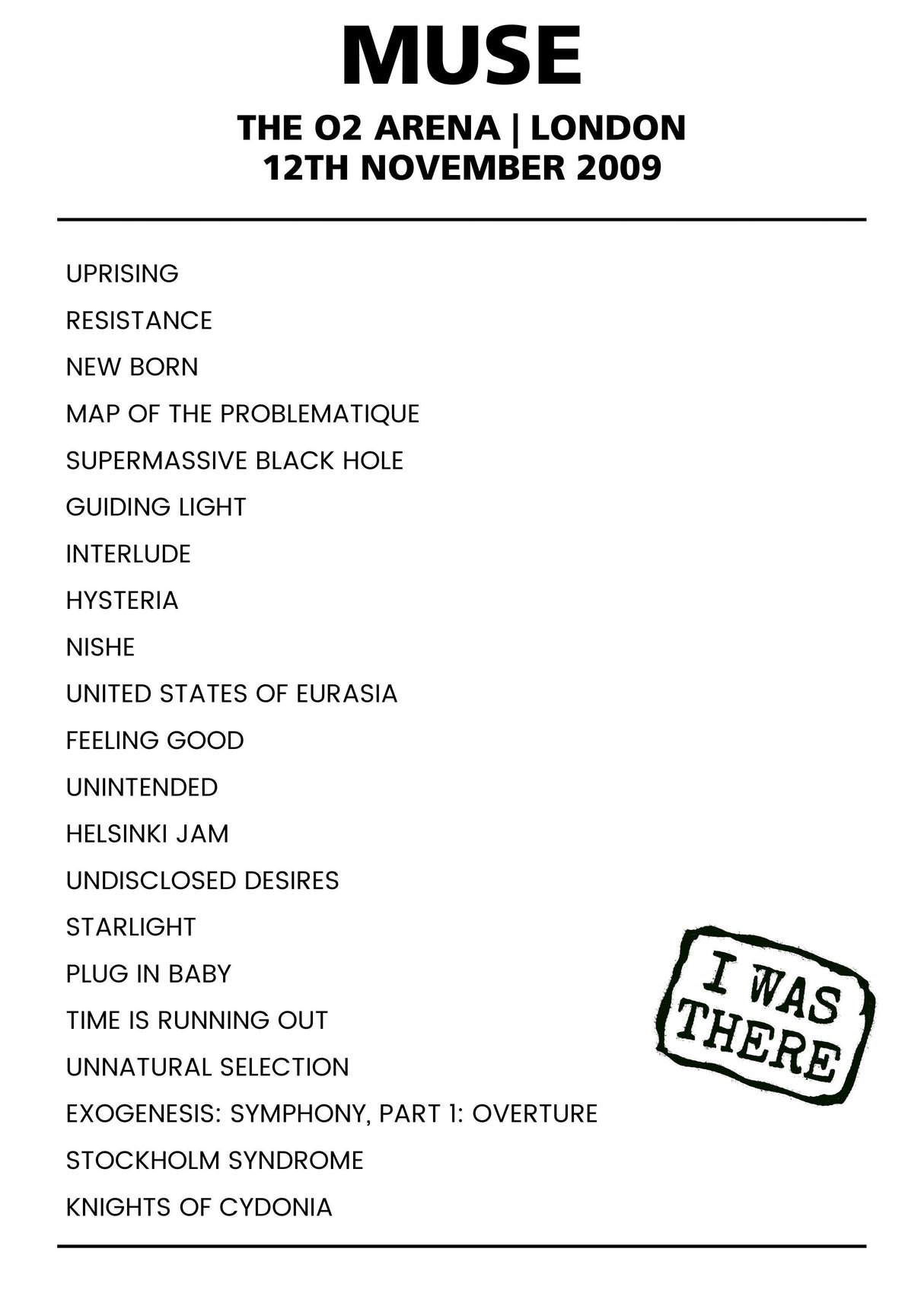 Muse 12th November 2009 The O2 Arena London - Alternate - Setlist