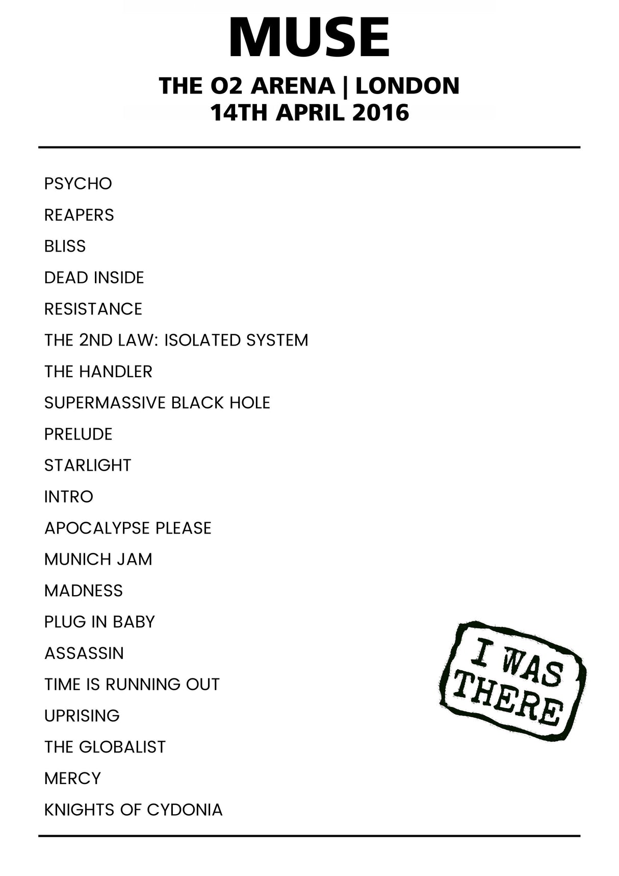 Muse 14th April 2016 The O2 Arena London - Alternate - Setlist