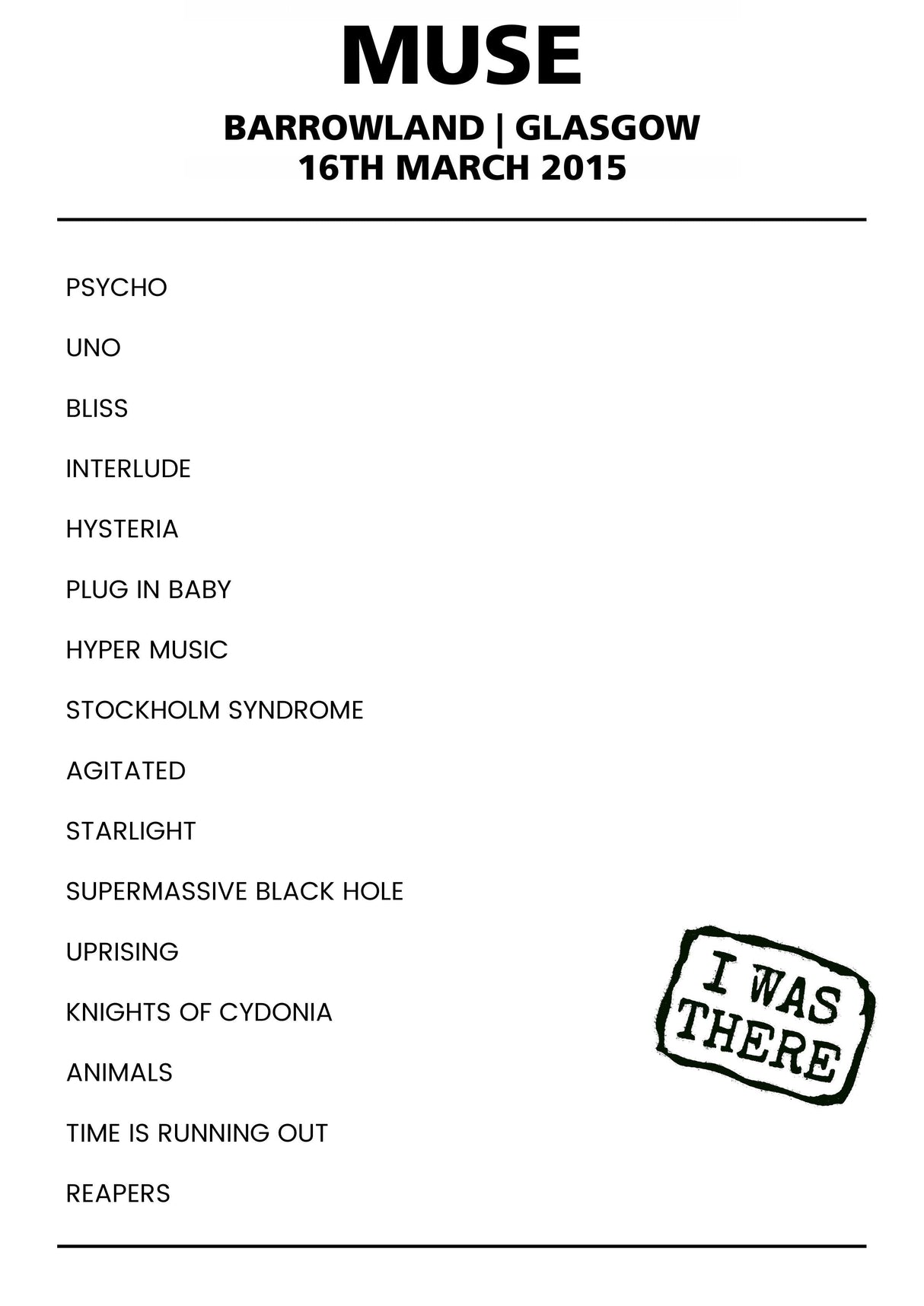 Muse 16th March 2015 Barrowland Glasgow - Alternate - Setlist