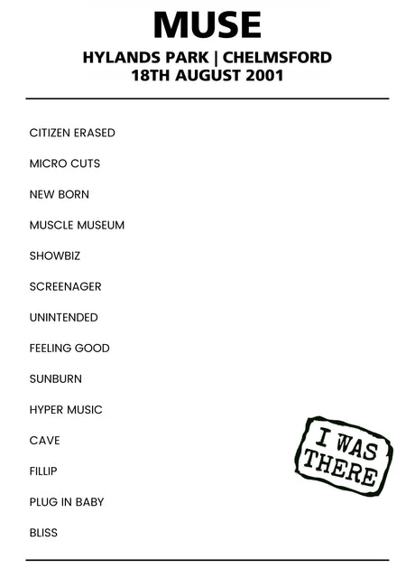 Muse 18th August 2001 Hylands Park Chelmsford - Alternate - Setlist