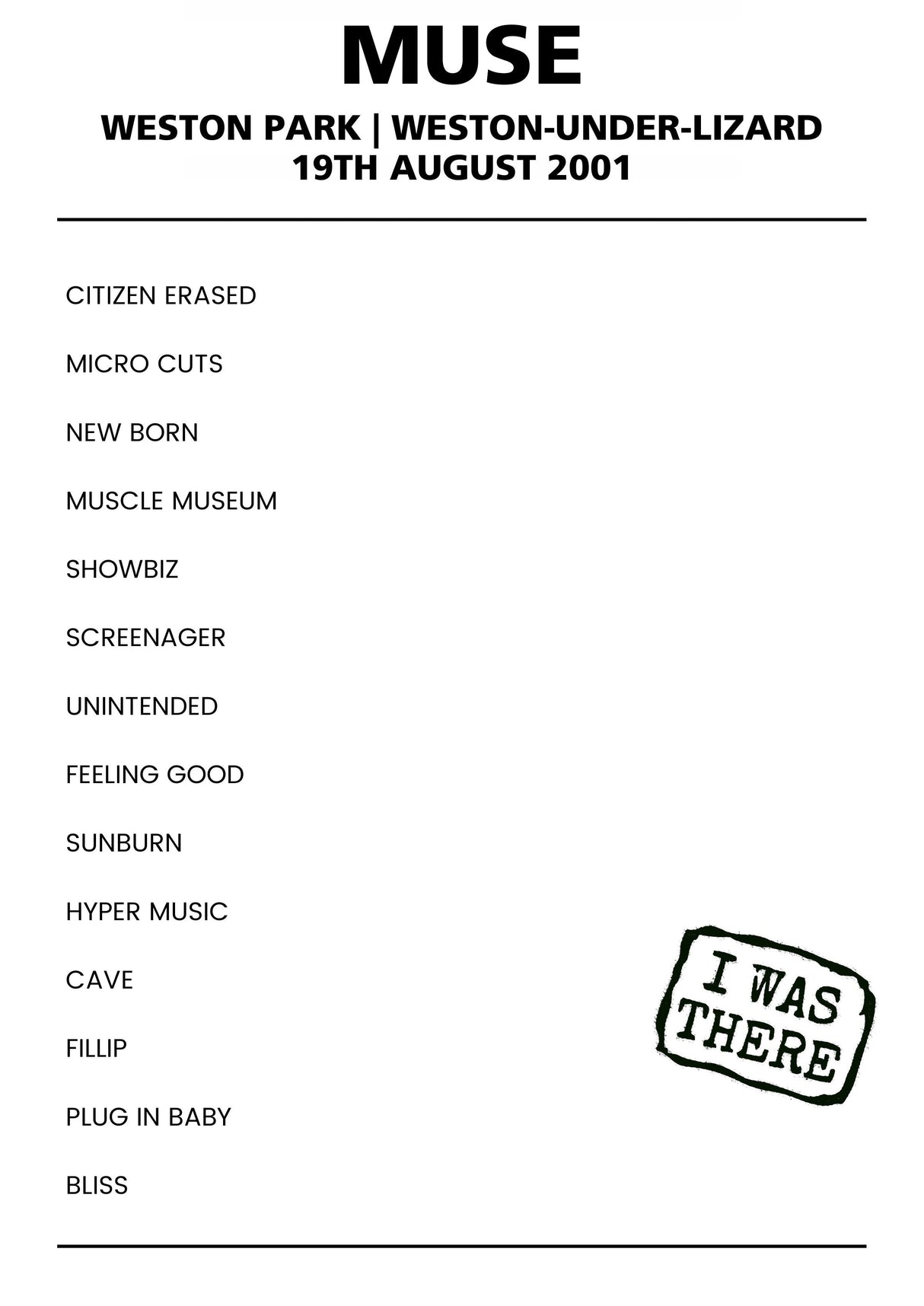 Muse 19th August 2001 Weston Park Weston - under - Lizard - Alternate - Setlist