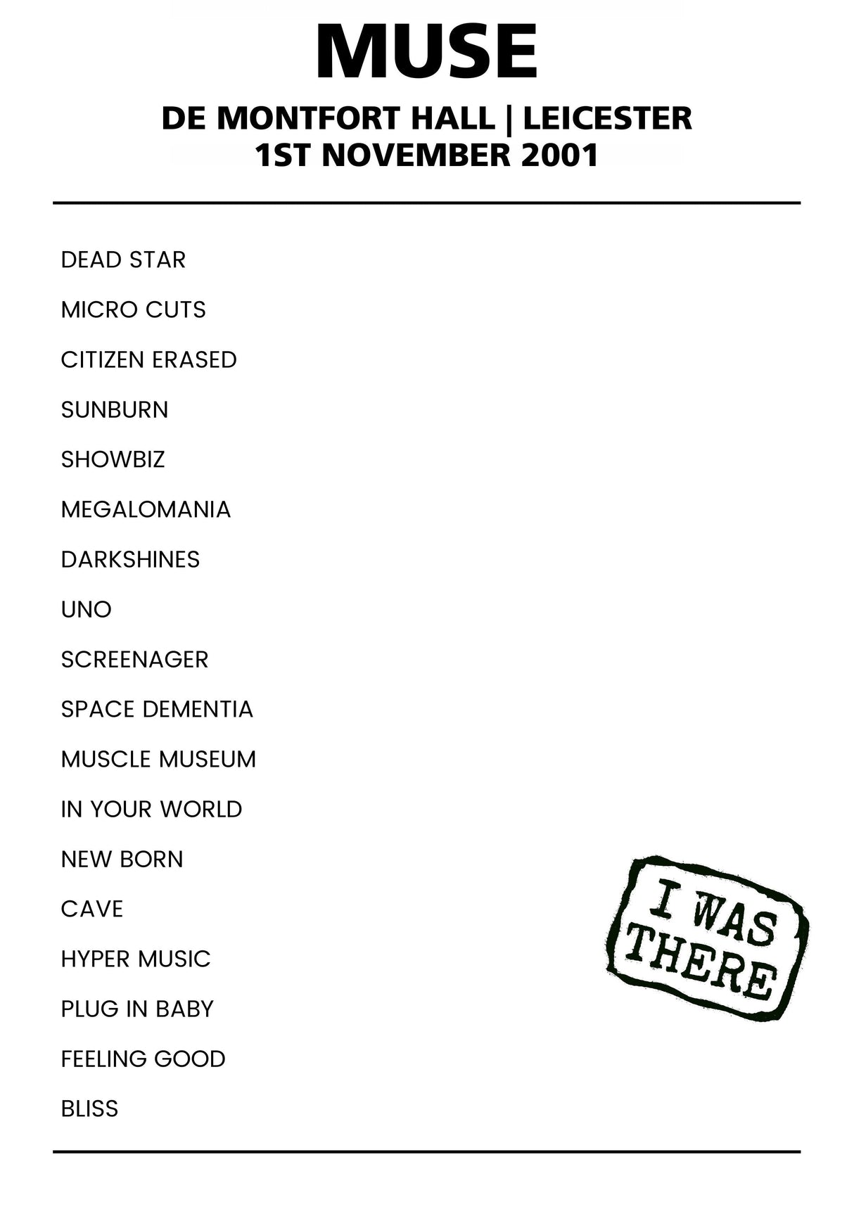 Muse 1st November 2001 De Montfort Hall Leicester - Alternate - Setlist