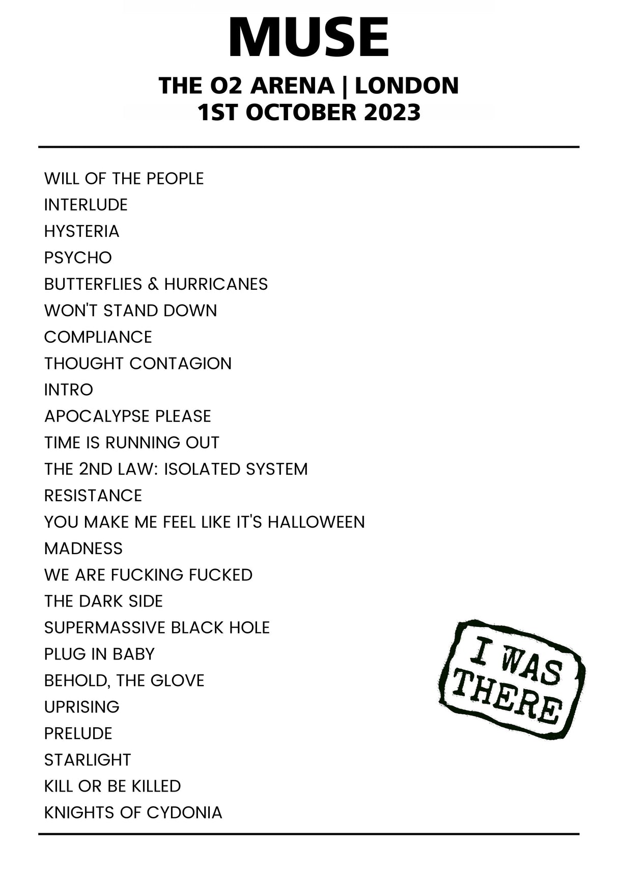 Muse 1st October 2023 The O2 Arena London - Alternate - Setlist