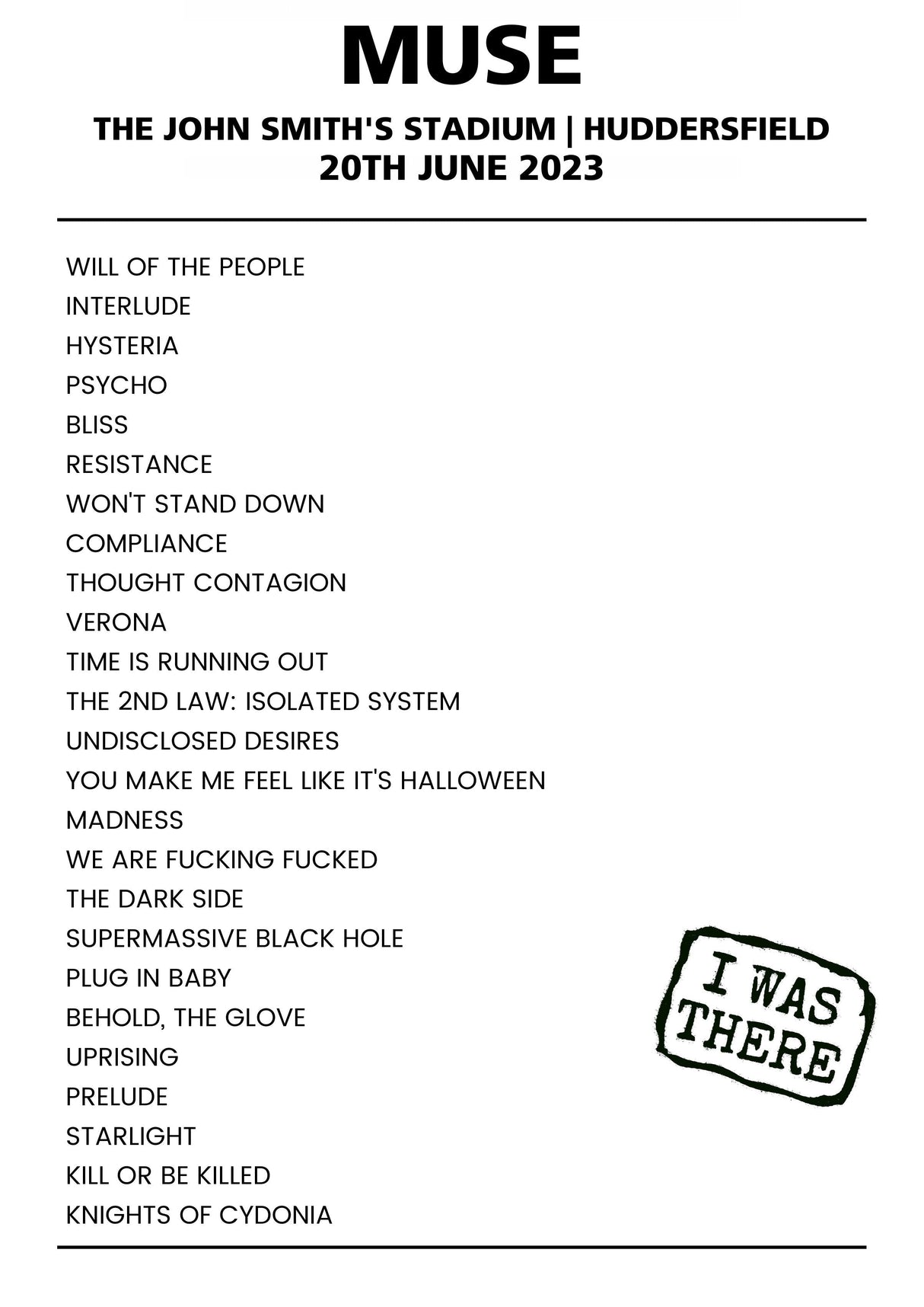 Muse 20th June 2023 The John Smith's Stadium Huddersfield - Alternate - Setlist