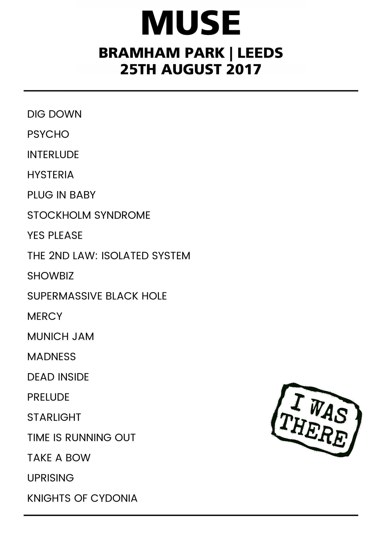 Muse 25th August 2017 Bramham Park Leeds - Alternate - Setlist