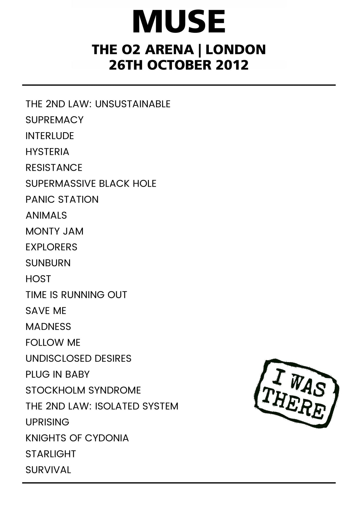 Muse 26th October 2012 The O2 Arena London - Alternate - Setlist