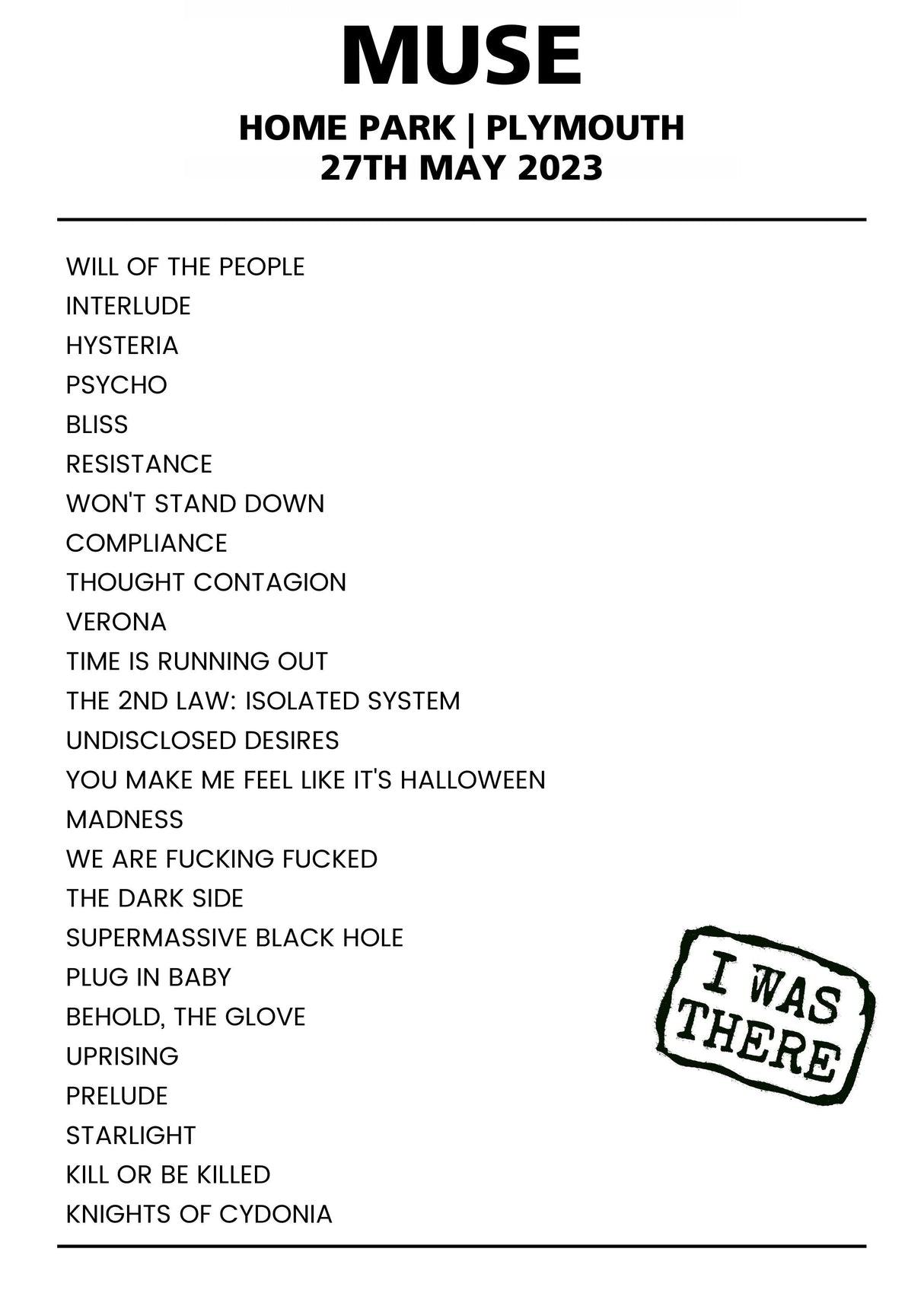 Muse 27th May 2023 Home Park Plymouth - Alternate - Setlist