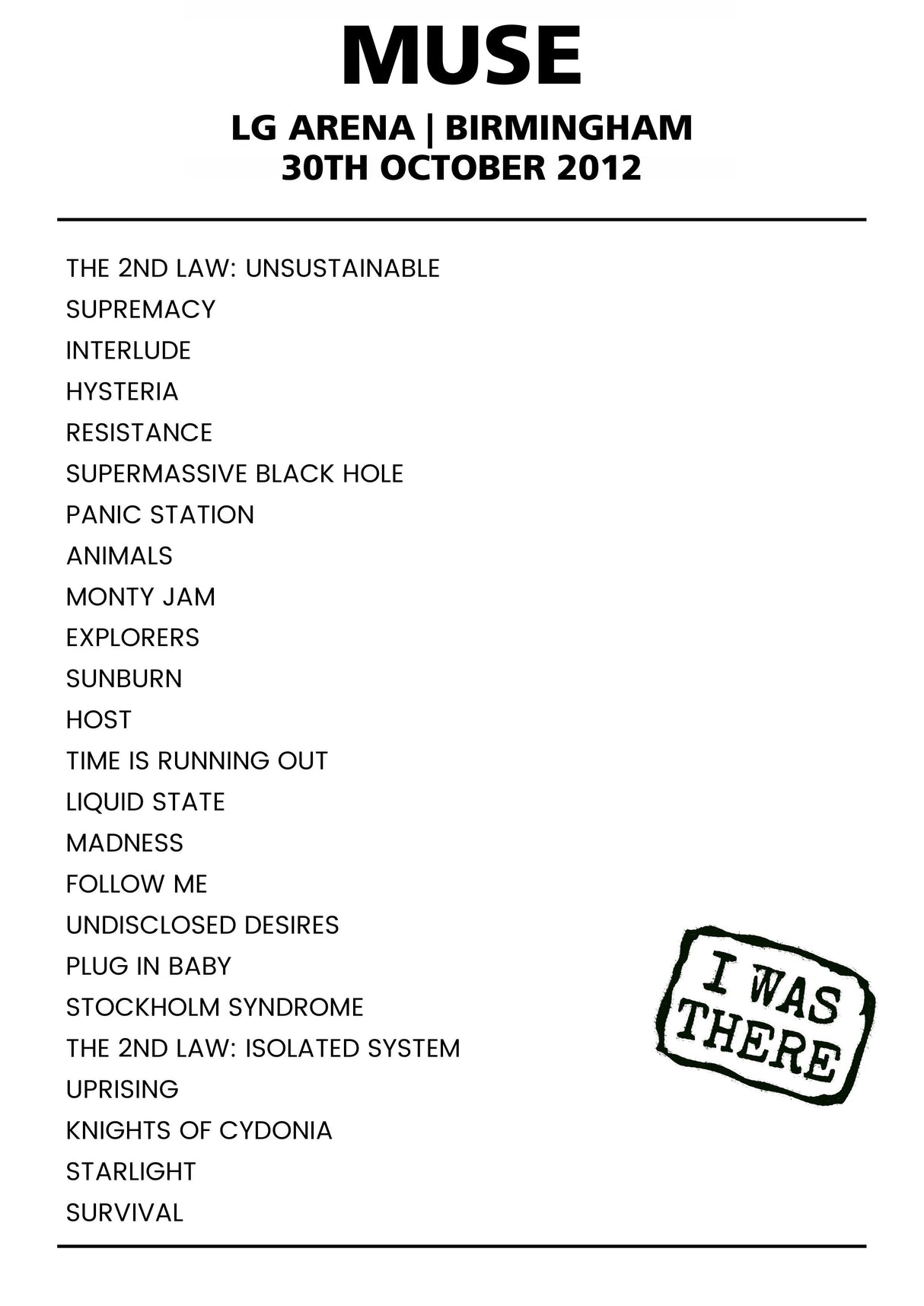 Muse 30th October 2012 LG Arena Birmingham - Alternate - Setlist