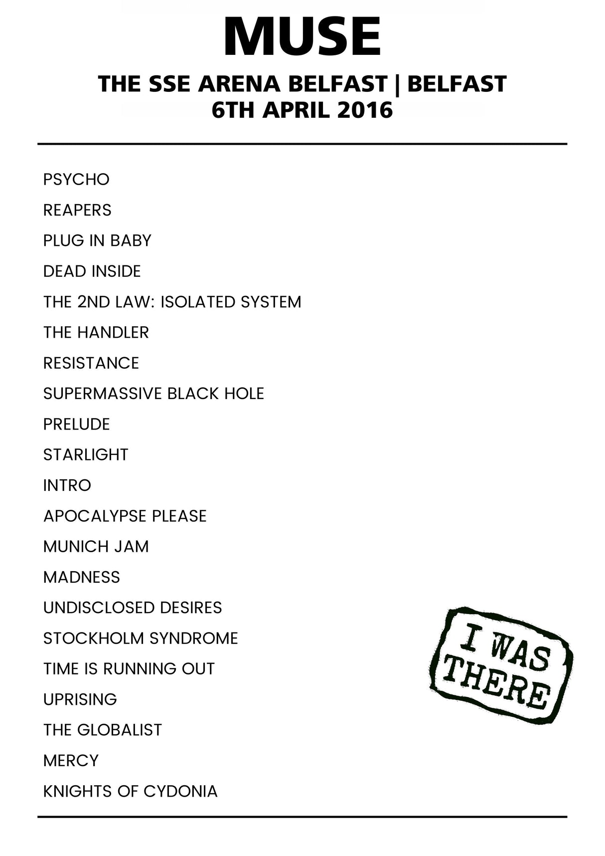 Muse 6th April 2016 The SSE Arena Belfast Belfast - Alternate - Setlist