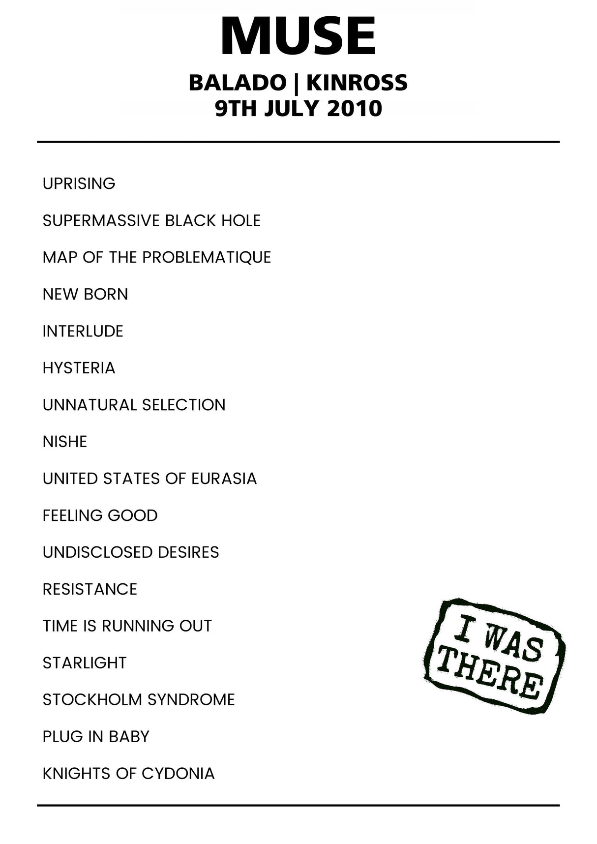 Muse 9th July 2010 Balado Kinross - Alternate - Setlist