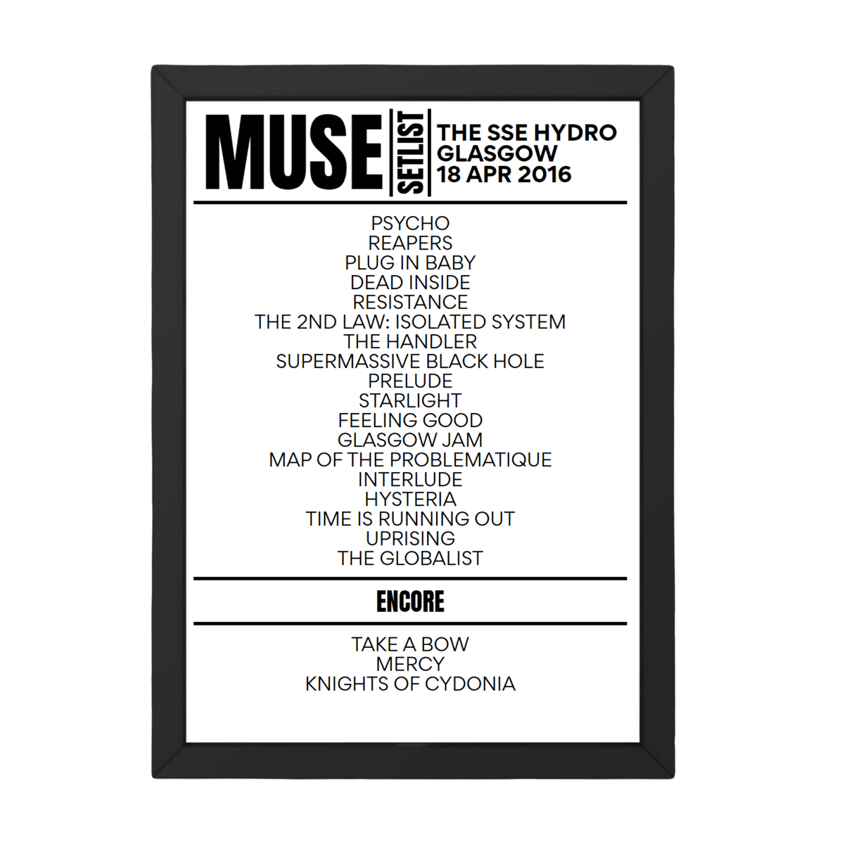 Muse Glasgow April 17, 2016 Replica Setlist - Setlist