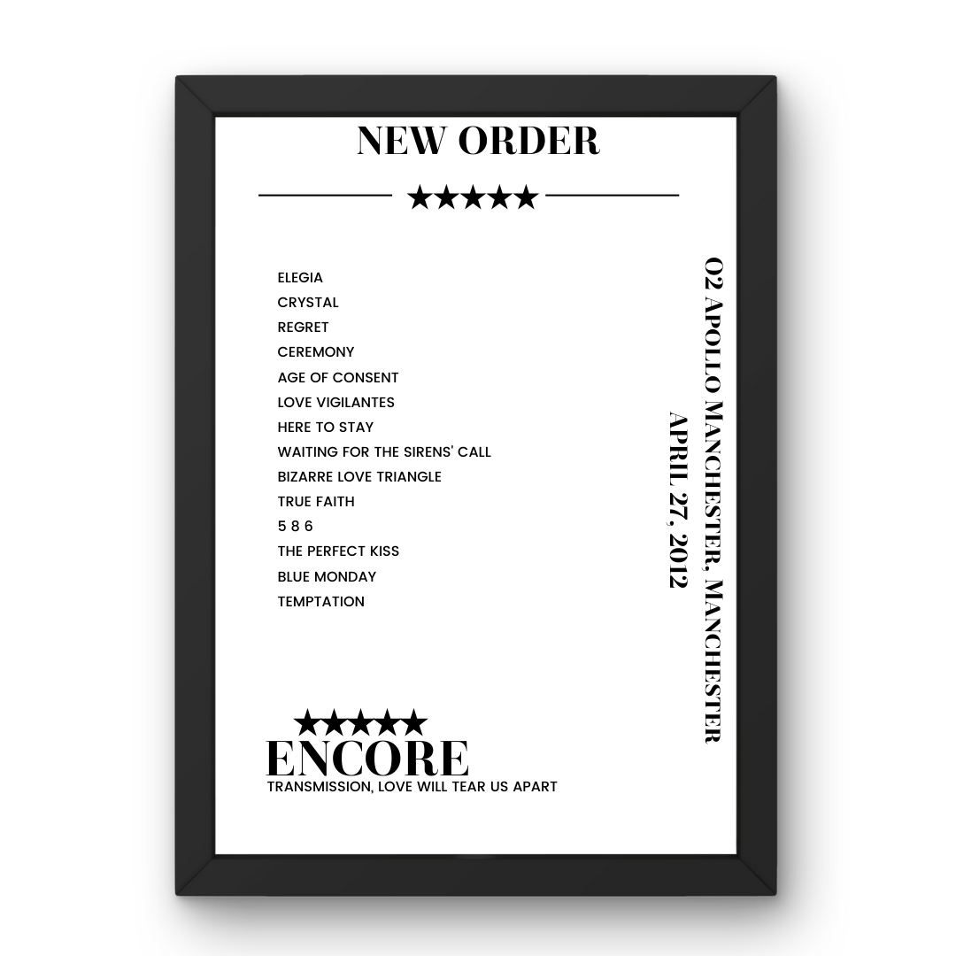 New Order April 27, 2012 O2 Apollo Manchester Manchester Setlist Poster - Setlist