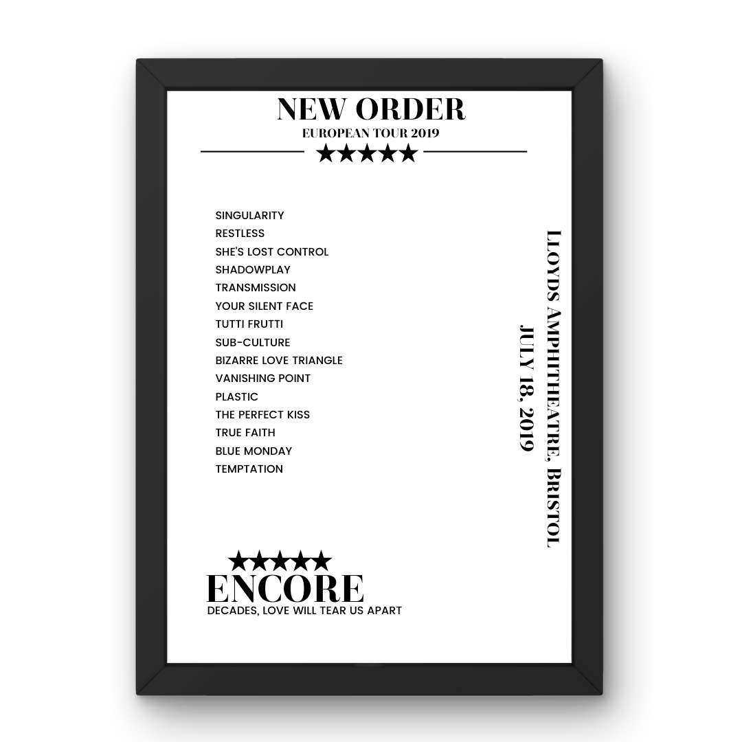 New Order July 18, 2019 Lloyds Amphitheatre Bristol Setlist Poster - Setlist