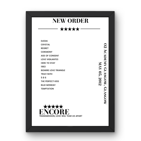 New Order May 05, 2012 O2 Academy Glasgow Glasgow Setlist Poster - Setlist