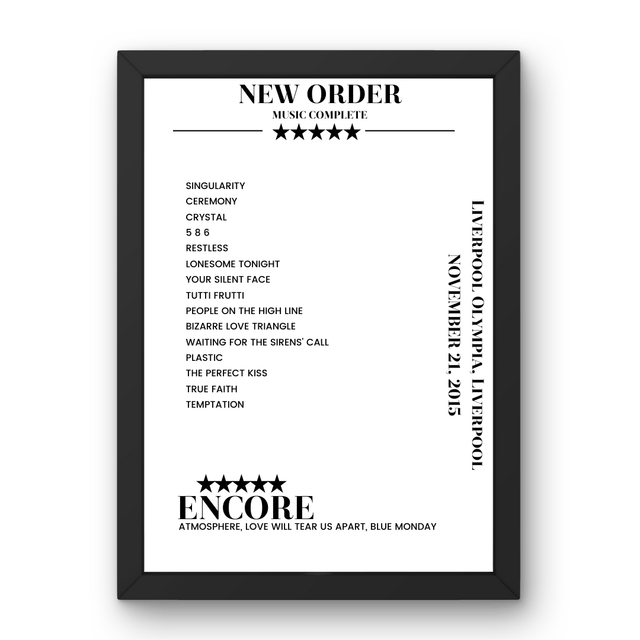 New Order November 21, 2015 Liverpool Olympia Liverpool Setlist Poster - Setlist