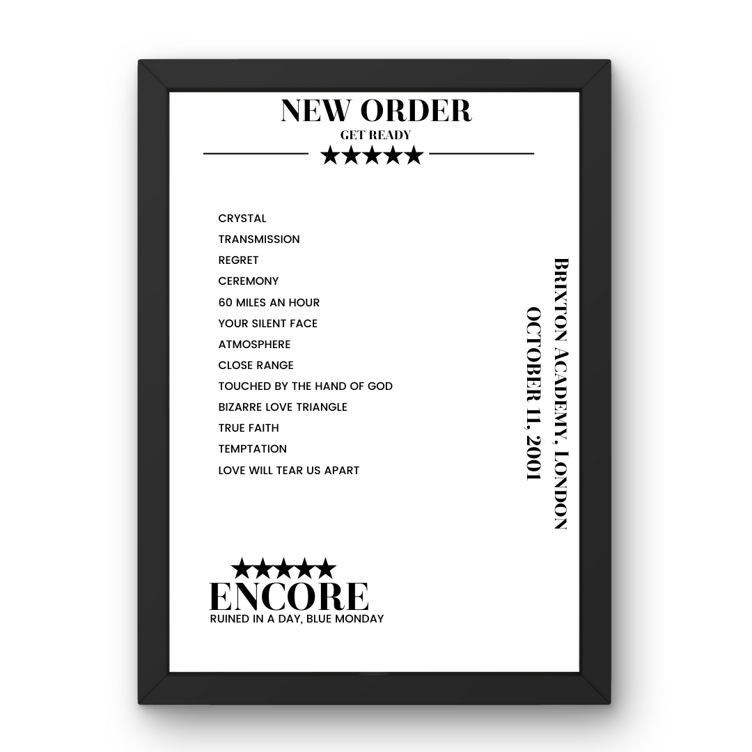 New Order October 11, 2001 Brixton Academy London Setlist Poster - Setlist