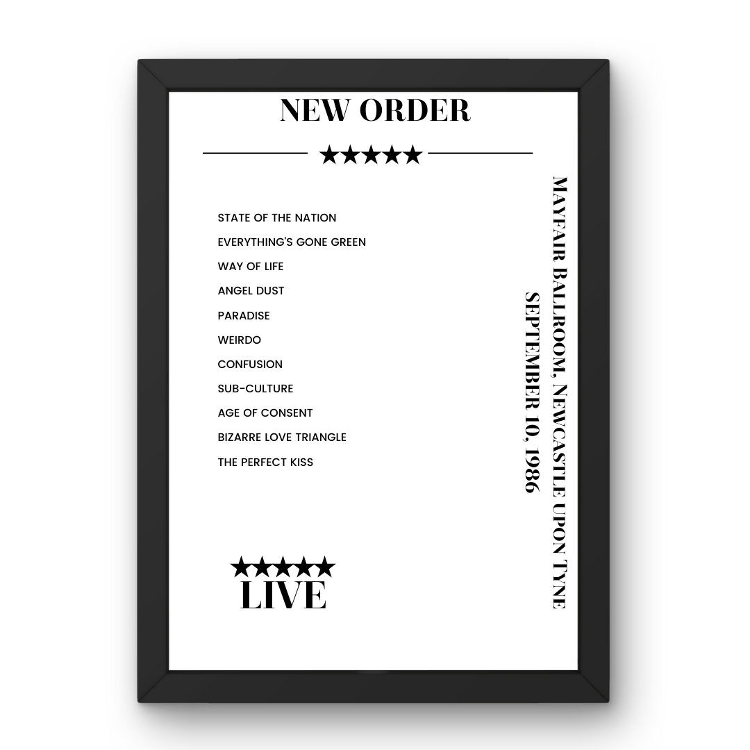 New Order September 10, 1986 Mayfair Ballroom Newcastle upon Tyne Setlist Poster - Setlist