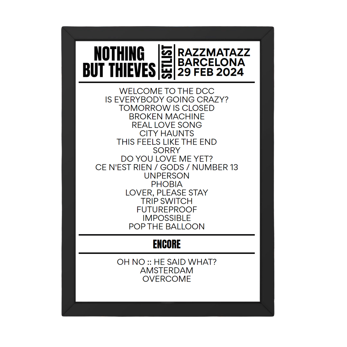 Nothing But Thieves Barcelona February 29, 2024 Setlist Replica - Setlist