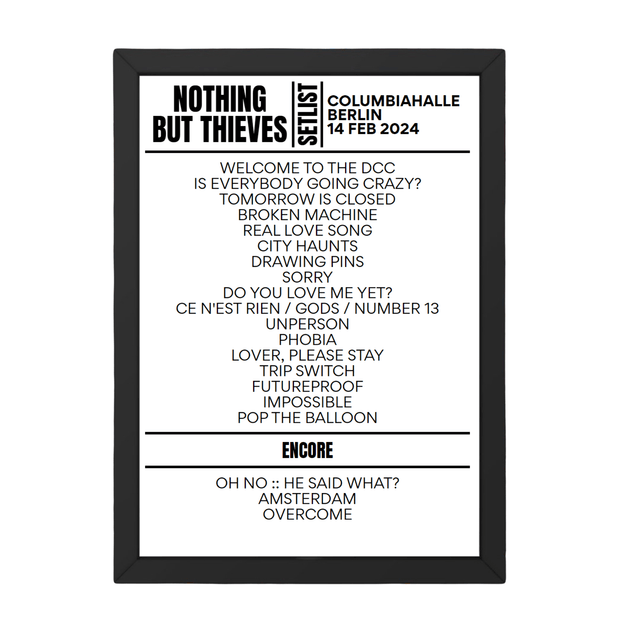 Nothing But Thieves Berlin February 14, 2024 Setlist Replica - Setlist