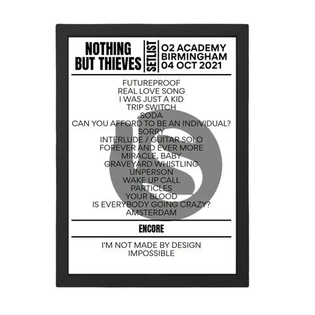 Nothing But Thieves Birmingham October 04, 2021 Setlist Replica - Setlist