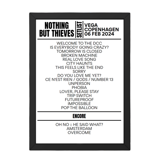 Nothing But Thieves Copenhagen February 06, 2024 Setlist Replica - Setlist