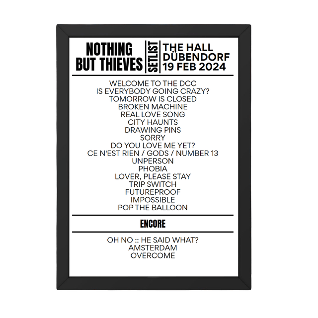 Nothing But Thieves Dübendorf February 19, 2024 Setlist Replica - Setlist