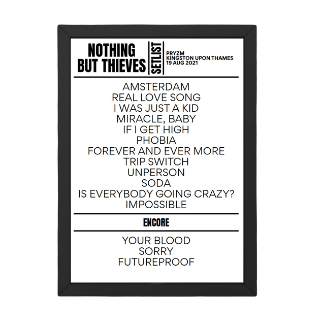 Nothing But Thieves Kingston upon Thames August 19, 2021 Setlist Replica - Setlist