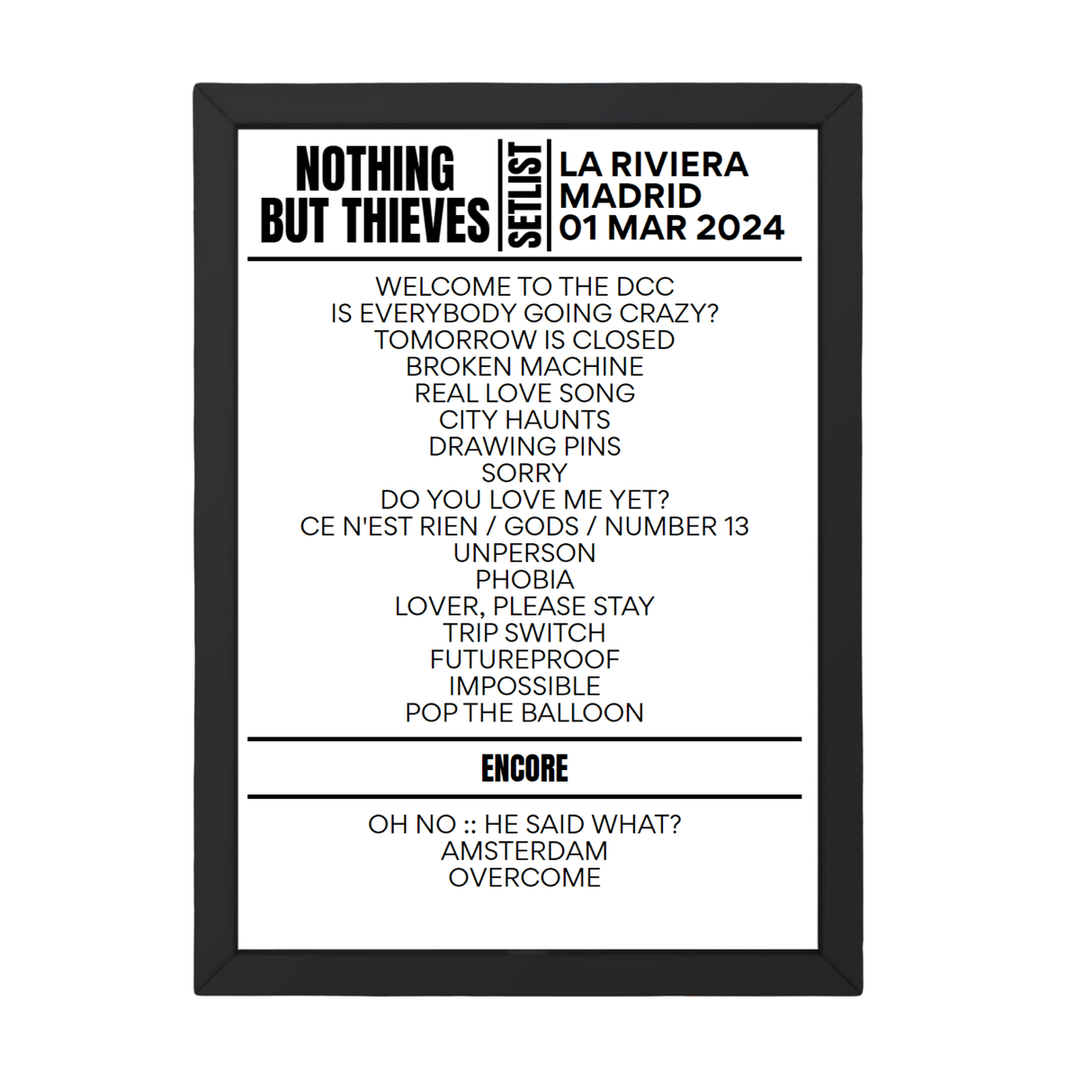 Nothing But Thieves Madrid March 01, 2024 Setlist Replica - Setlist