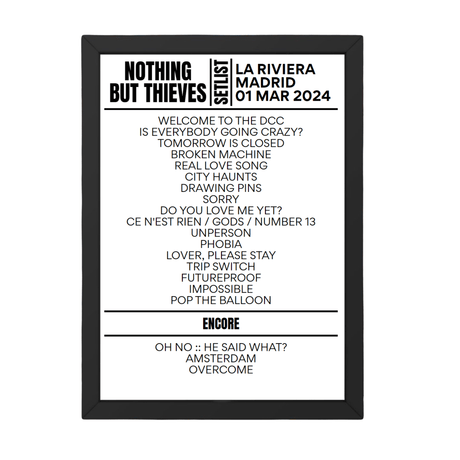 Nothing But Thieves Madrid March 01, 2024 Setlist Replica - Setlist