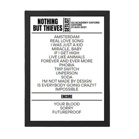 Nothing But Thieves Oxford August 21, 2021 Setlist Replica - Setlist