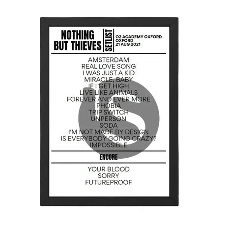 Nothing But Thieves Oxford August 21, 2021 Setlist Replica - Setlist