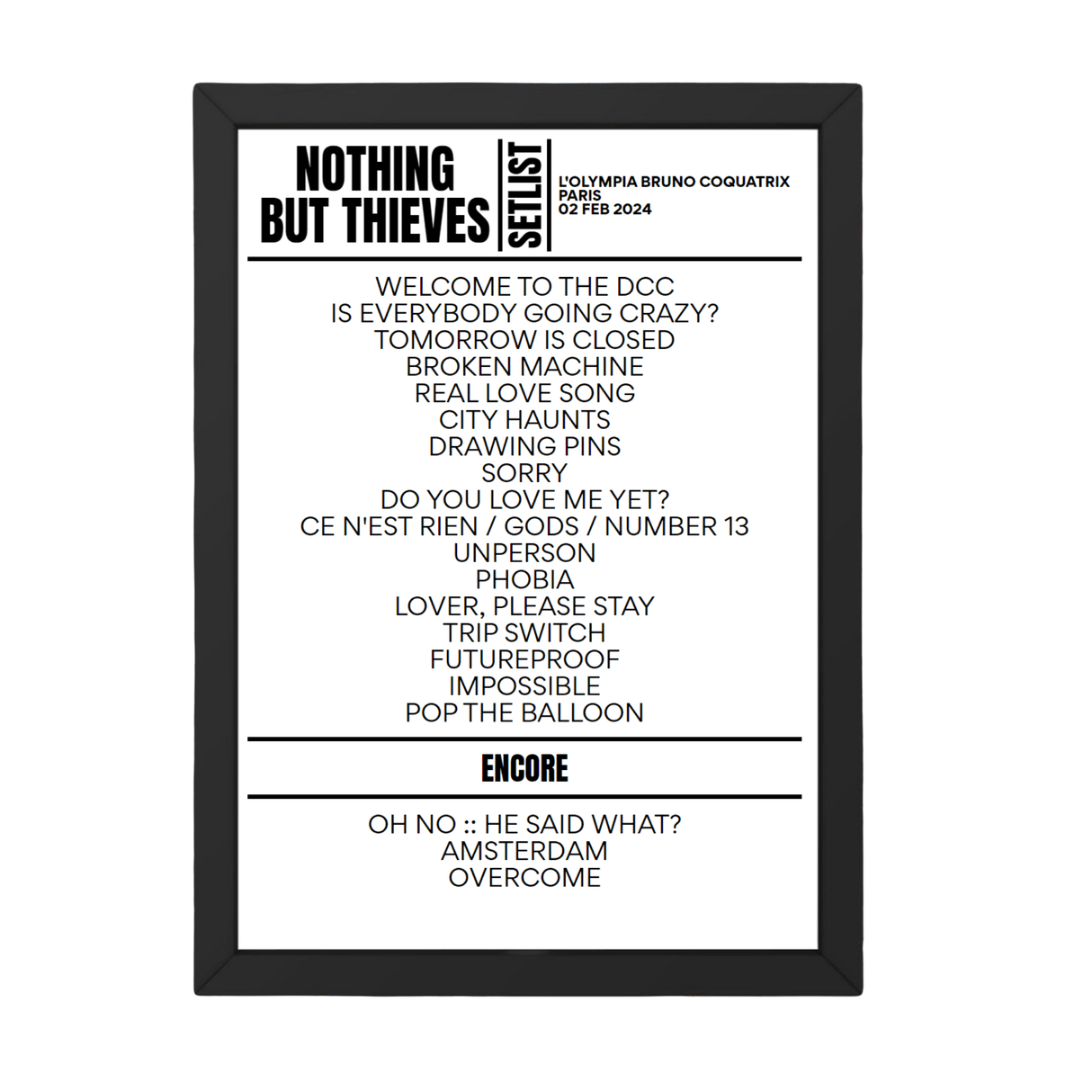 Nothing But Thieves Paris February 02, 2024 Setlist Replica - Setlist